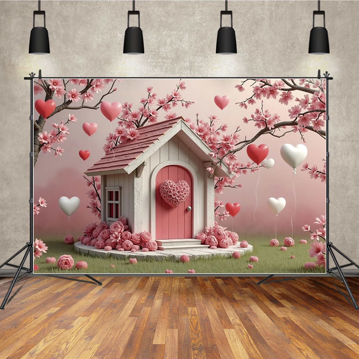 

MOON.QG Valentine's Day Backdrop Photography Heart Flower Pink Cabin Photozone Background Anniversary Studio Photobooth Sets