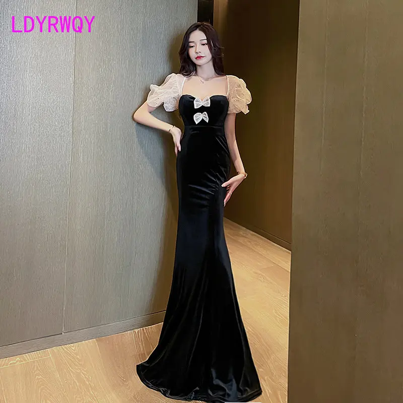 

Sexy deep v lantern sleeve color-blocking women's nightclub temperament backless drop banquet dress