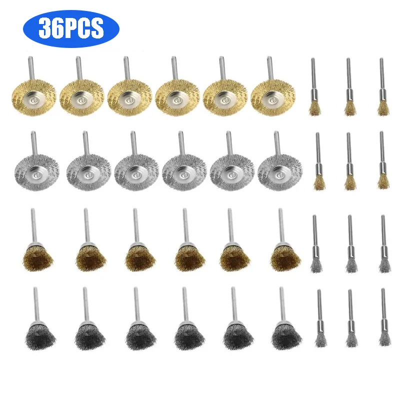 

36 шт., набор проволочных кистей, полировальная проволочная щетка, латунная проволочная чашка, ручка, кисть, набор для смешивания, мини-дрель Dremel, вращающийся шлифовальный инструмент