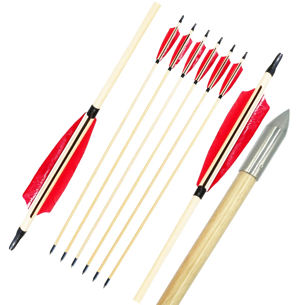 6/12/24 Uds flechas de madera tradicionales hechas a mano 5 "plumas de pavo eje de madera auto Nock objetivo Arows para tiro con arco recurvo