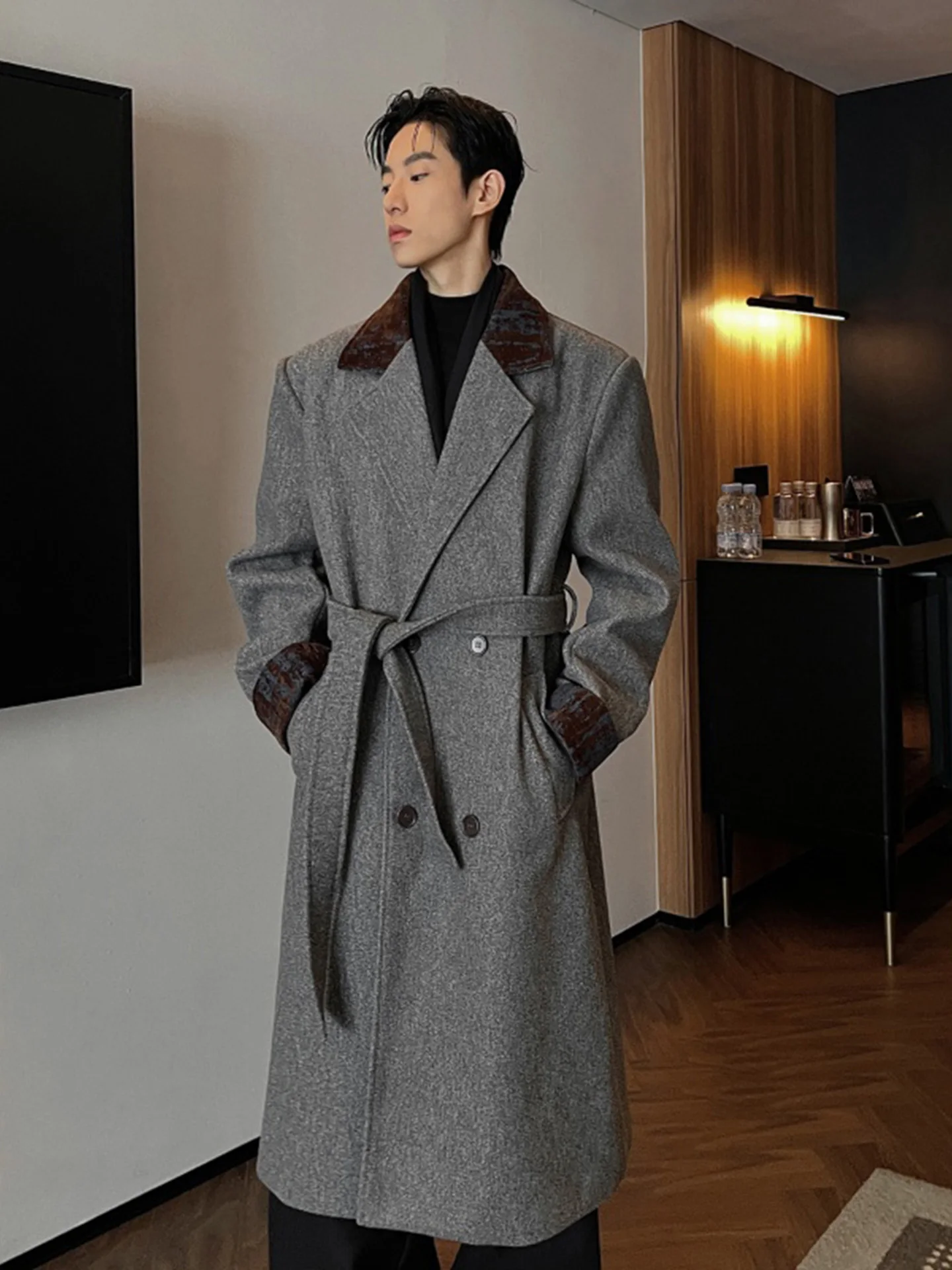 

Korean High-End Men's Woolen Coat Over-Knee Autumn Winter Thiened Splicing Color Blo Windbreaker Youthful Loose Fit Coat