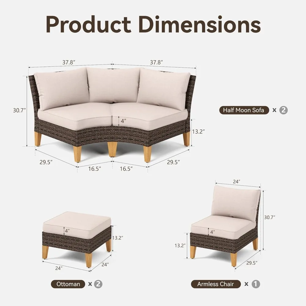 7 pieces of wicker curved patio furniture set, all-weather outdoor rattan half-moon modular sofa for garden 2*ottoman