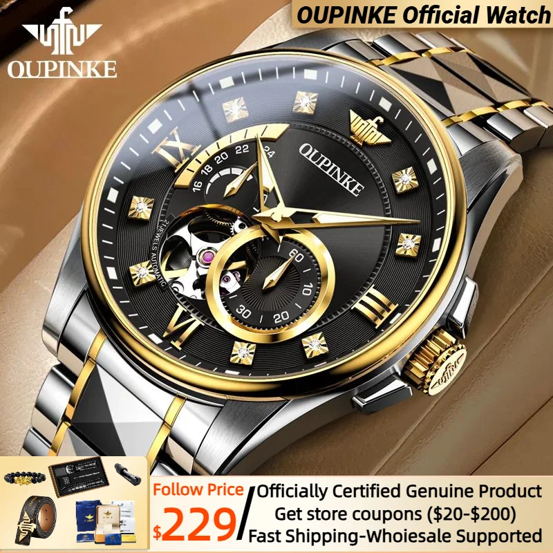 

OUPINKE Swiss certification Automatic Mechanical Watch for Men Japan Movement Sapphire Mirror Tungsten steel Skeleton Man Watch