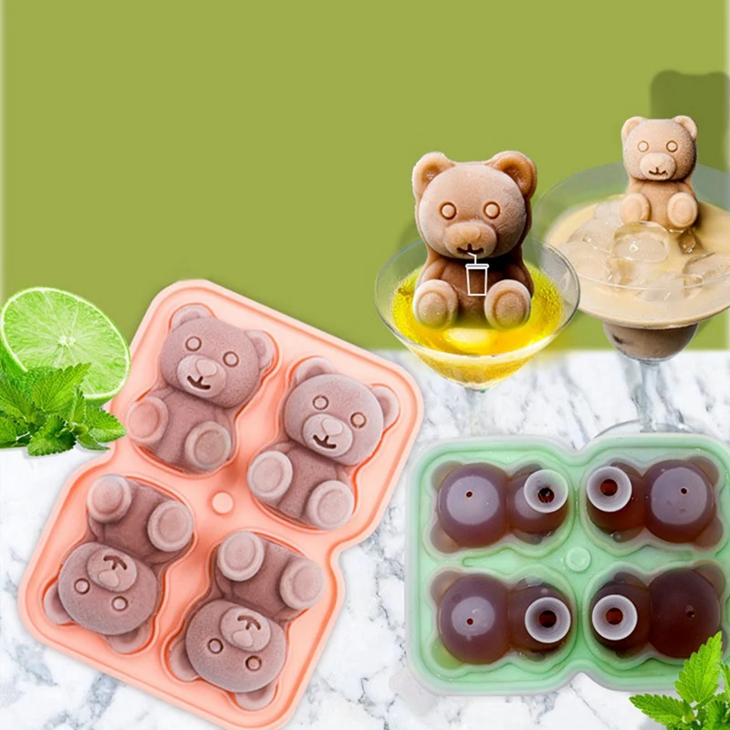 Teddy Bear Shaped Ice Cube Mold Silicone 4 Bear Ice Cube Molds For Whiskey Big Ice Tray With Lid 2023 Kitchen Home Cool Summer