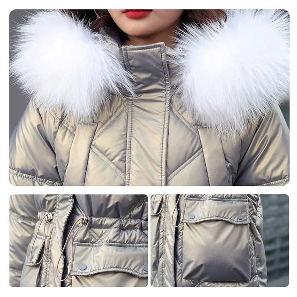 Winter Women Glossy Down Cotton-Padded JacketJoker Casual Loose Fur Collar Padded Warm  Coat Outcoat Fashion Outerwear