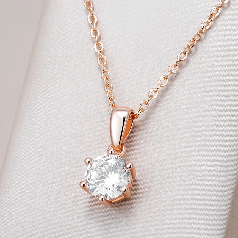 Kinel Hot Fashion 585 Rose Gold Color Round Pendant Necklace For Women Shiny White Natural Zircon Accessories Daily Fine Jewelry