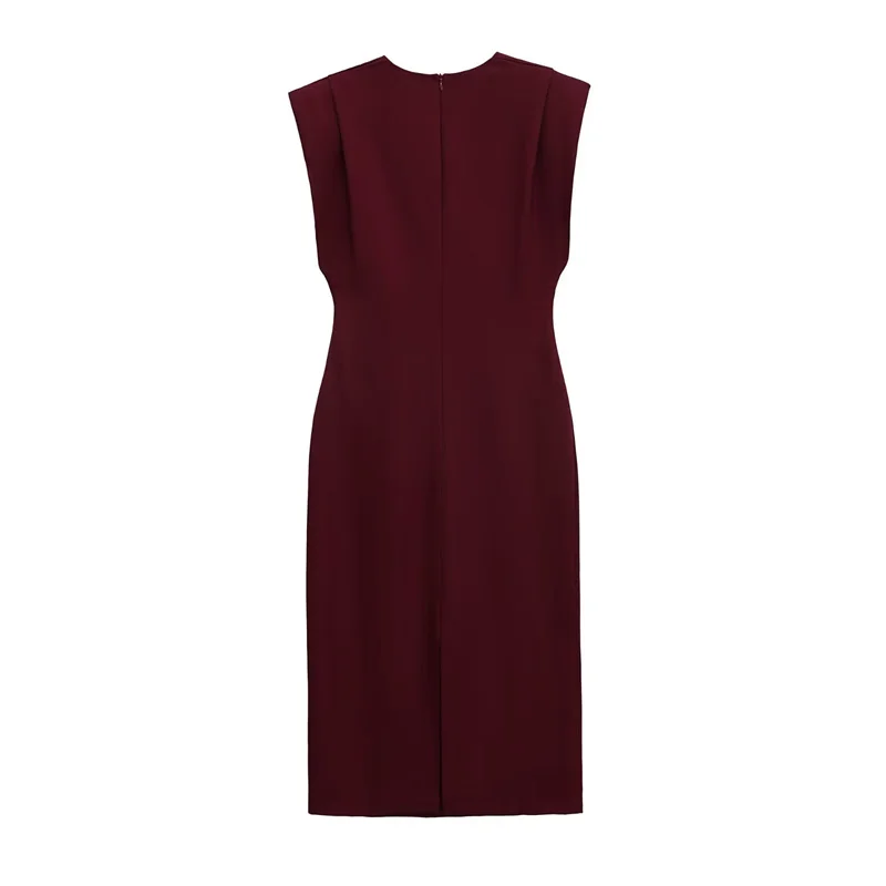 فستان نسائي خريف 2025 نمط جديد عنابي بدون أكمام ورقبة على شكل حرف v مطوي الخصر فستان طويل أنيق راقي