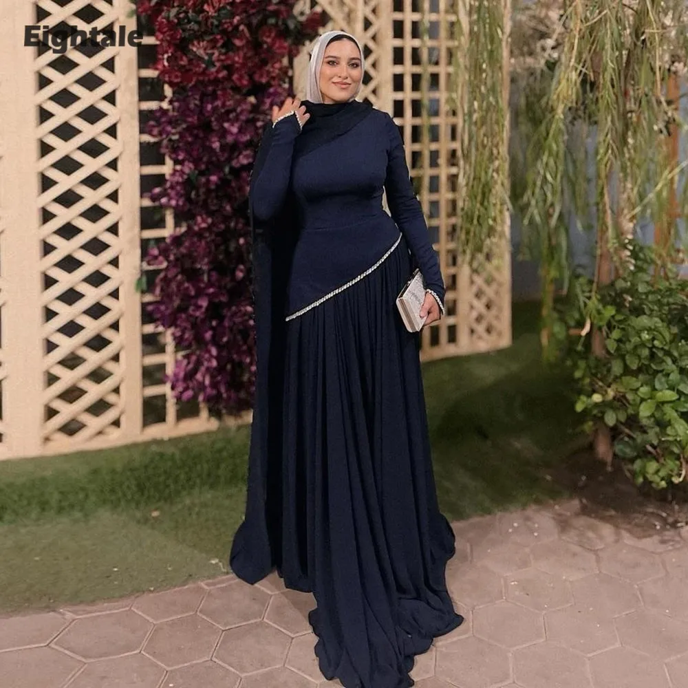 

Eightale Arabic Evening Dress High Neck Beaded Customized A-Line Long Sleeves Chiffon Floor Length Prom Wedding Party Gown