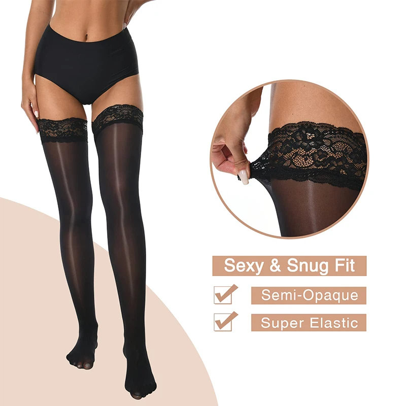 1 Pair Women's Shiny Silky Stockings Horse Oil High Tights With Silicone Lace Top Summer Sexy Elastic High Socks image 2