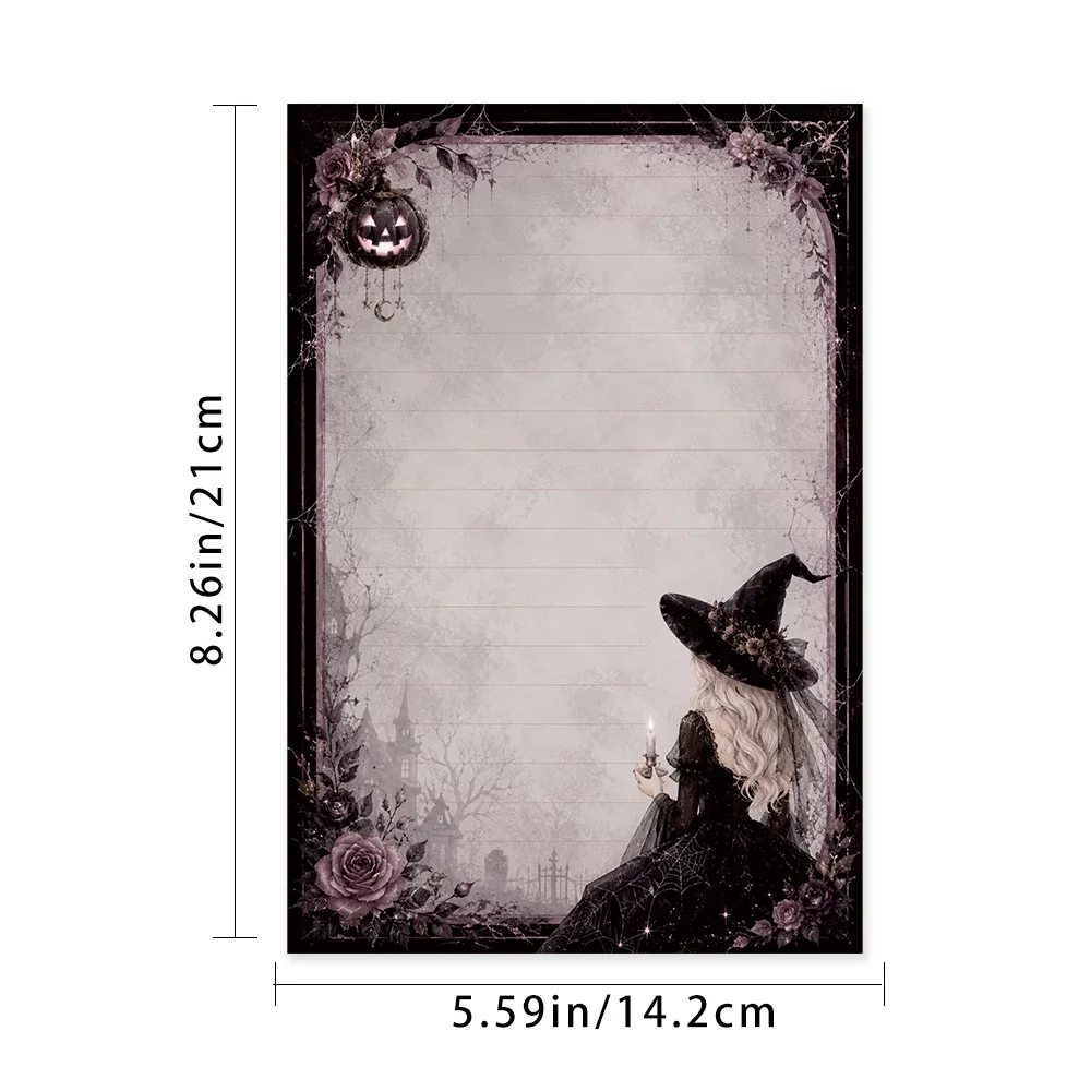 50 Sheets, Retro Dark Halloween Witch-themed Writing Paper, Lined, Glue-free, Perfect For Notebooks, Memos, And Stickers