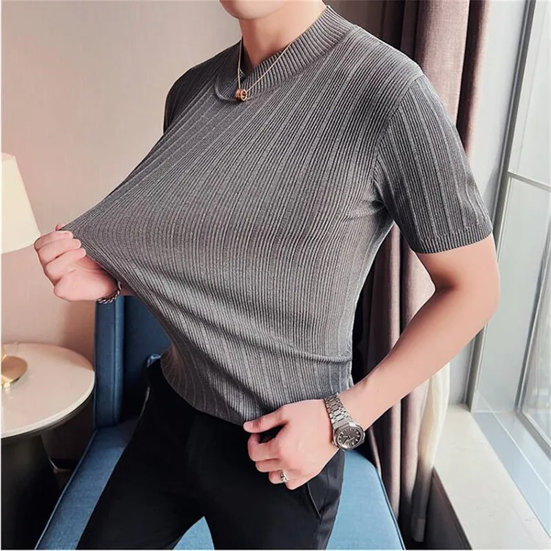 2024 Summer Knitted Elasticity T Shirt Men Half High Collar Short Sleeve Casual Slim Fit Sweater Tops Tees Social Club T-Shirt