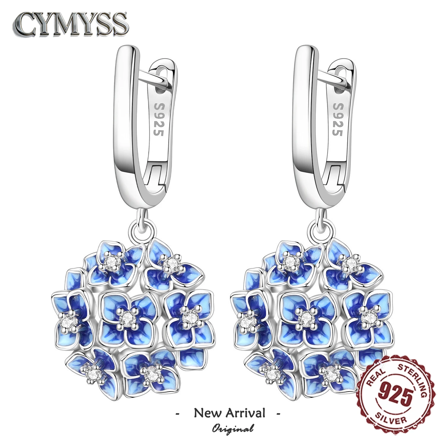 Original 925 Sterling Silber Nadel-Ohrringe mit Blauen Hortensien für Damen Hochzeitsmode Hochwertige Schmuckstücke Ahornblatt