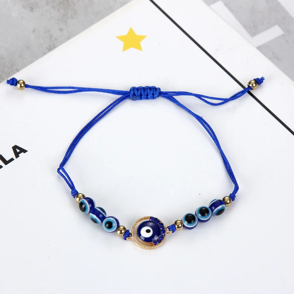 12 Pcs/Lot Lucky Blue Beaded Turkish Evil Eye Alloy Rhinestone Bracelet  Women Men Adjustable Braided Rope Vintage Jewelry Gifts