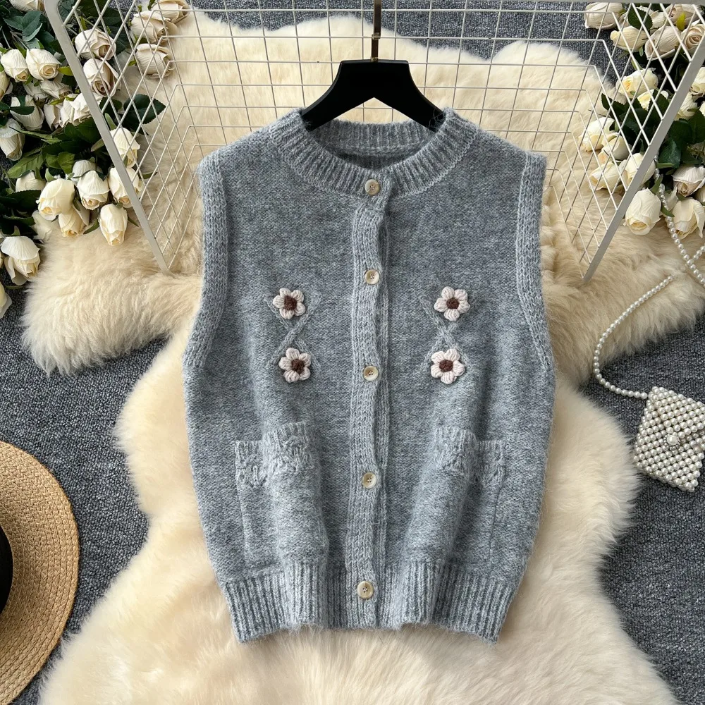 Neploe Sweet Fresh Minority Single Breasted Women Vests All-match 3D Flower Knit Coat Cardigan Fold Through Pockets Clothing