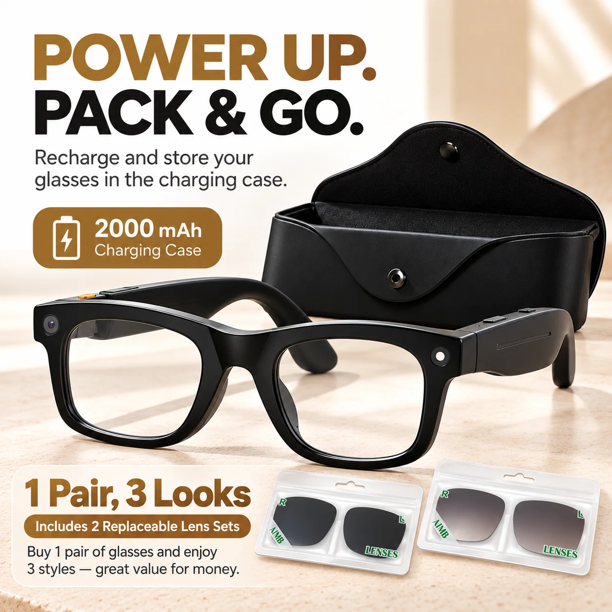 AIMB-G9 AI Smart Camera Glasses 8MP 1080P Recording Real-time AI Translation 2000mAh Charging Case Vlog