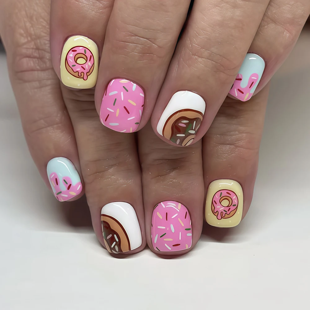 

24Pcs Short Square Nails with Donut Candy Sprinkles, Macaron Color, Cute and Playful, Fresh for Spring and Summer, Suitable for Women, Wedding, Dating, Daily Wear, Removable Press-On Nail Set, Includes Jelly Adhesive and File