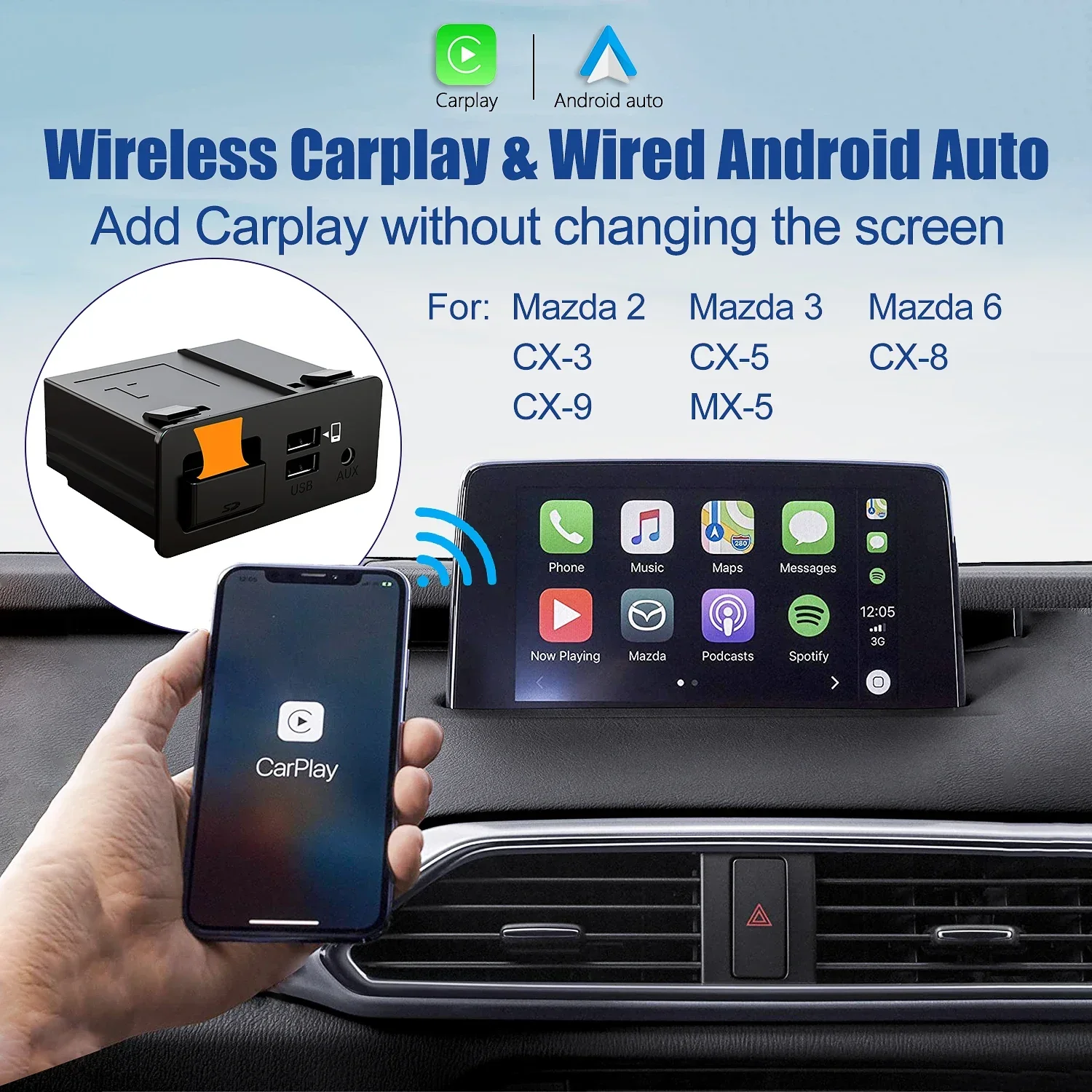 Mazda Wireless Carplay Retrofit Kit, TK78-66-9U0C OEM USB Hub Fits to MZD Connect System for Mazda 2/3/6/CX30/CX5/CX9/MX5