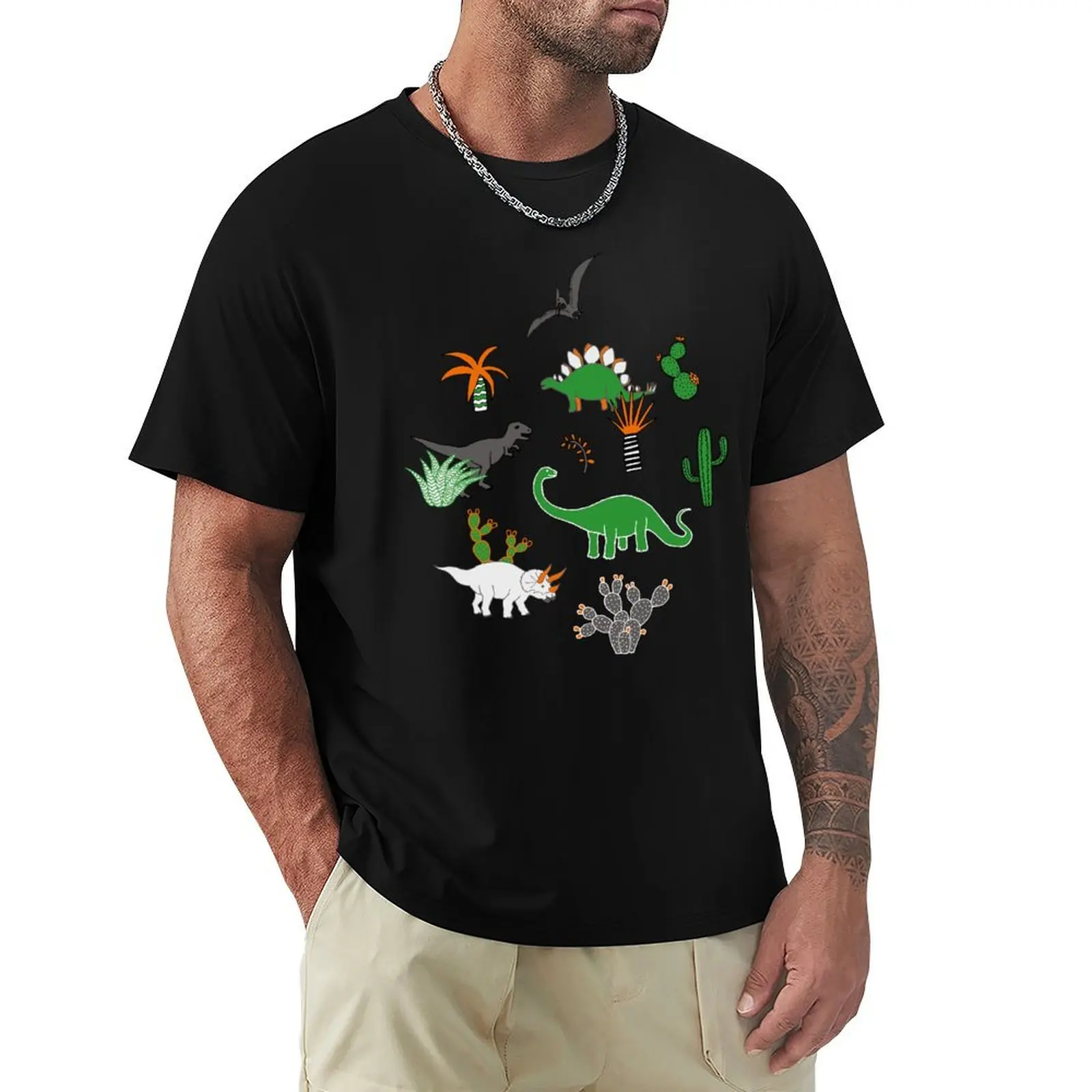 Dinosaur Desert - green and orange on grey - fun pattern by Cecca Designs T-Shirt anime t shirts oversize T-Shirt