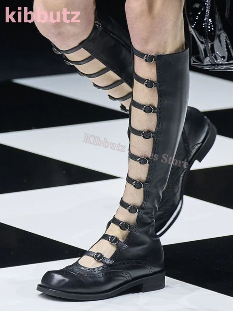 

Multiple Belt Buckles Pump Boot Knee High Round Toe Flat With Genuine Leather Solid Color Fashion Elegant Sexy Novelty Shoes New