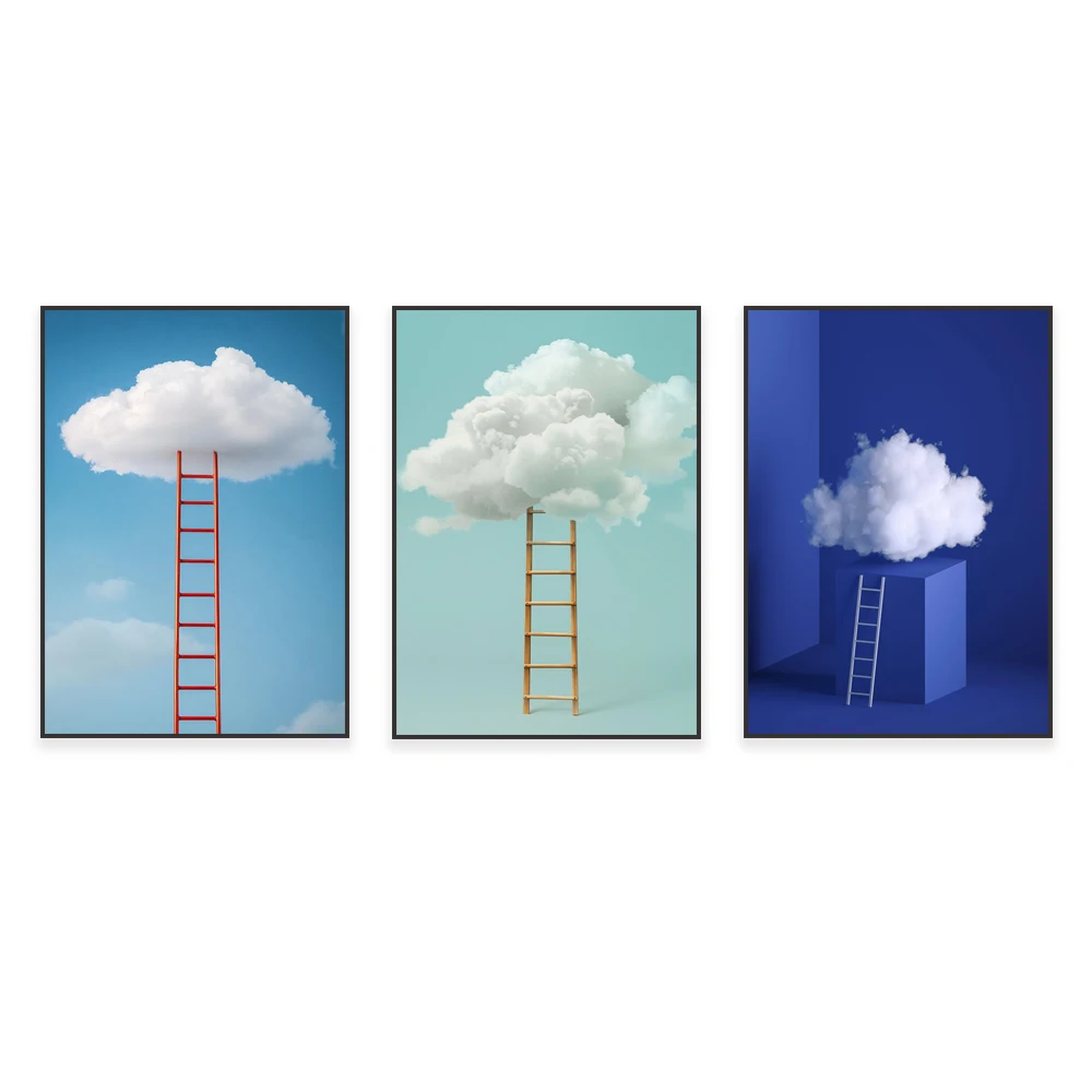Ladder to the sky print, creative staircase, surreal abstract cloud image, abstract ladder to the sky poster home decor