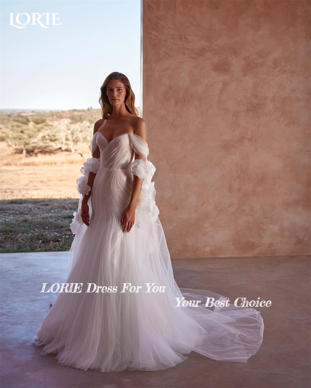 LORIE Luxury Mermaid Wedding Dresses Off Shoulder Pleated Tulle Backless Bridal Gowns Puffy Skirt Sleeveless Bride Dress 2024