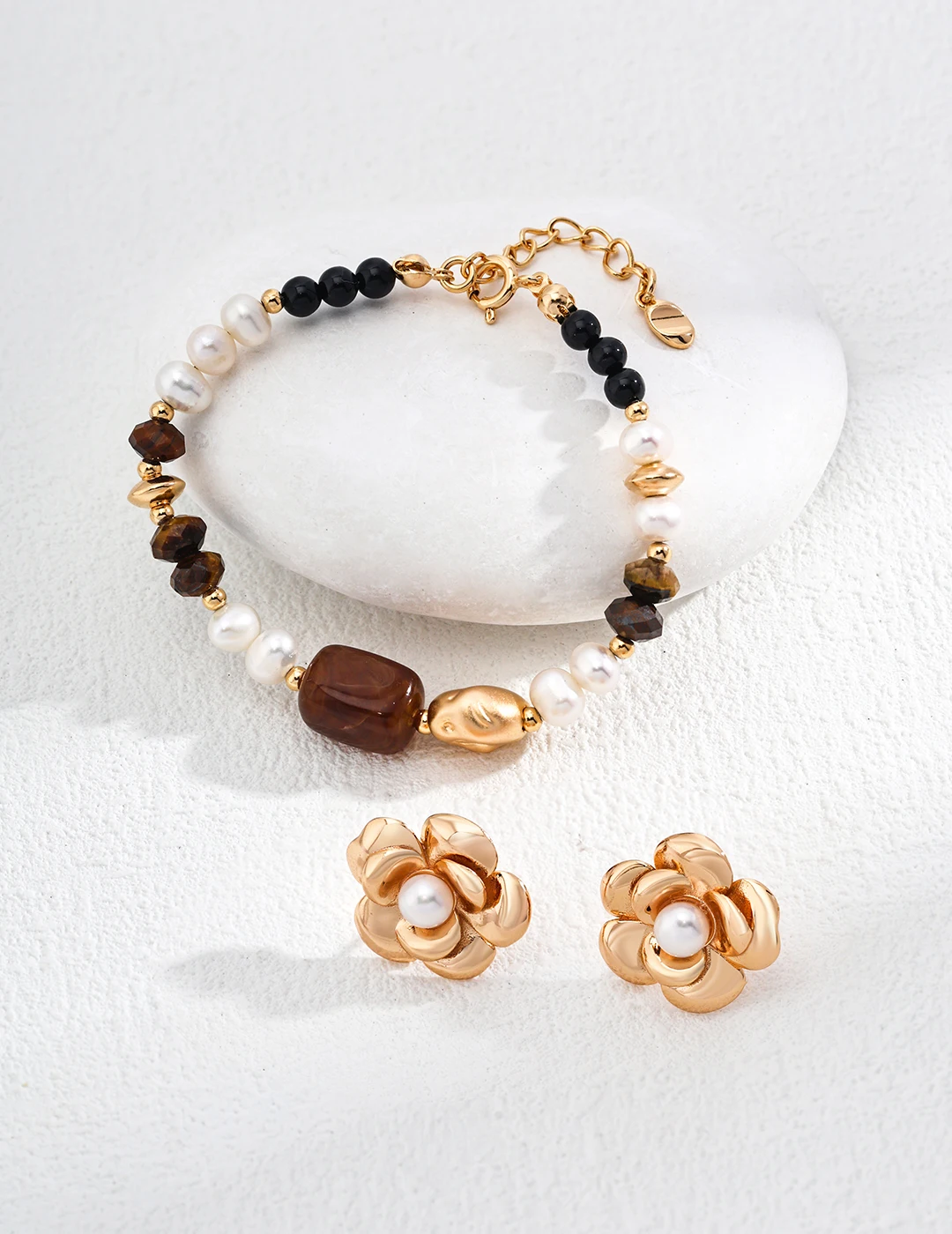 

S925 pure silver 18k gold tiger eye stone black agate pearl bracelet, length about 16cm+3cm, pearl about 5-6mm 102082