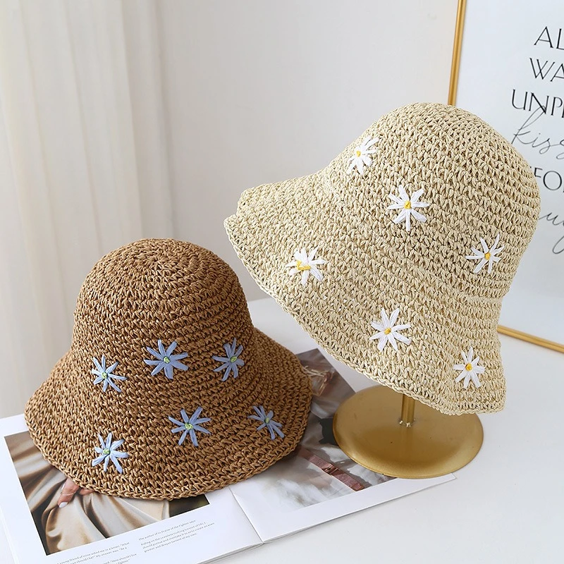 Cute Little Daisy  Hand-crocheted Foldable Bucket Hat  Women Summer Wide Brim Sun Hat Outdoor Breathable Beach Fisherman Caps