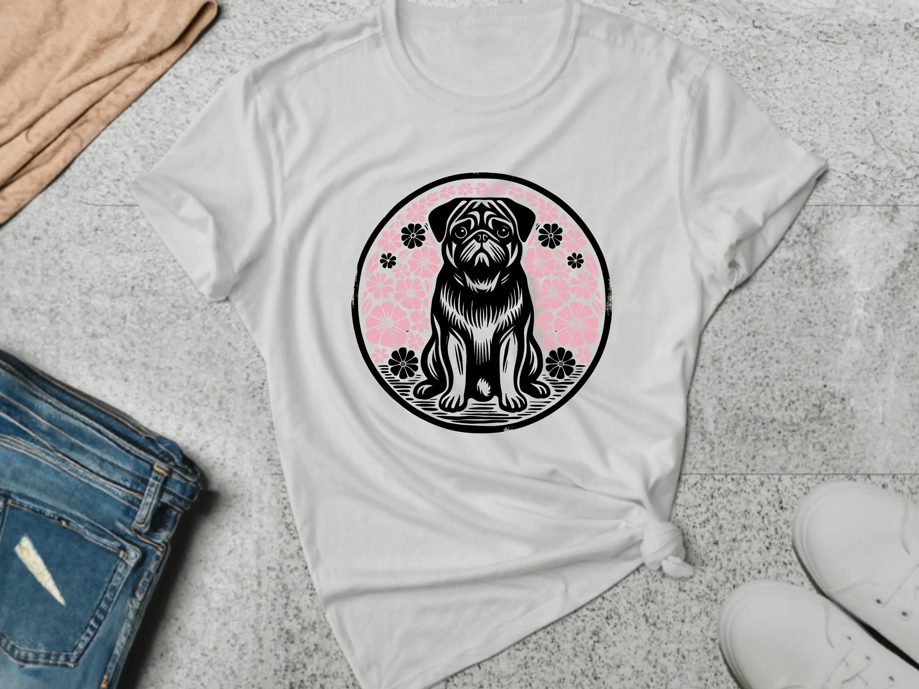 Pug T Shirt Dog Floral Lover Pet Owner Flower Garden