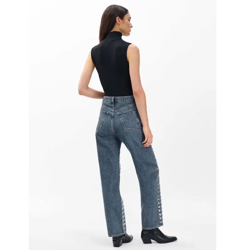 Women's Vintage Silver Sequin Decorated Straight Leg Jeans Loose Fit Retro Washed Denim Pants Casual Trousers