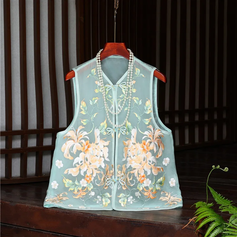 

High-end Silk Vest Women's Spring And Summer Embroidery Loose Sleeveless traditional Chinese Garments Lady Top S-XXL