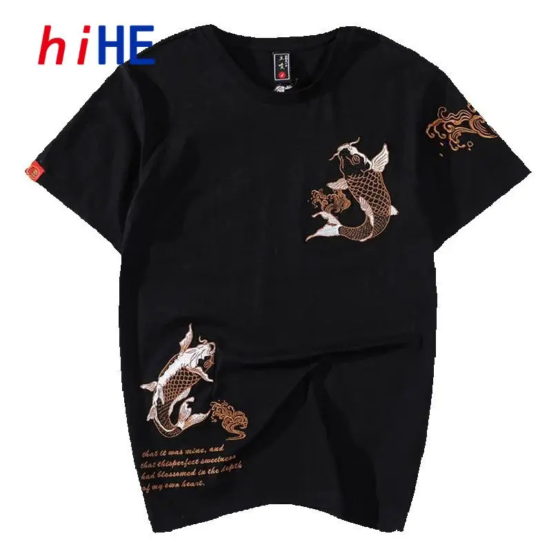

Summer Brocade Carp Embroidered Short-Sleeved T-Shirt Men Carp Ethnic Loose Large Size Cotton Half-Sleeved Top Brand