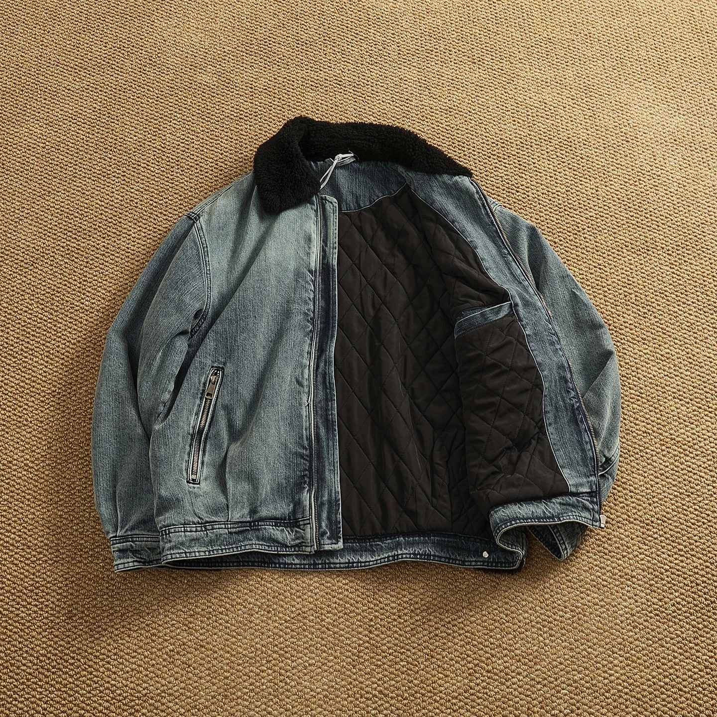 

Winter contrast color fur collar lapel denim top men's American casual quilted quilted lining warm cotton jacket