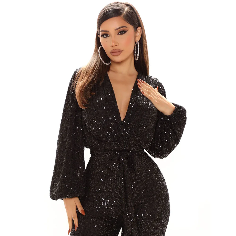 Fashion sexy v-neck party party club nightclub sequin one-piece wide leg jumpsuit pants