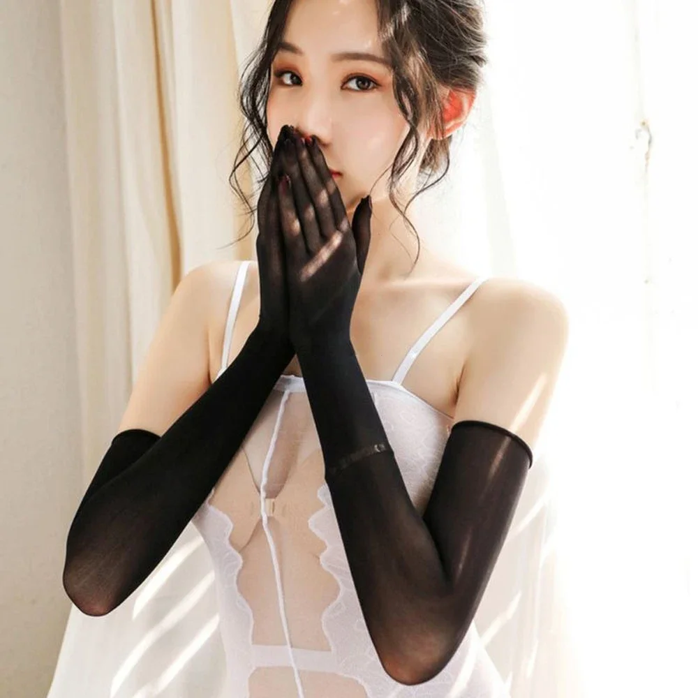 

Womens Sexy Seamless Ultra-Thin Long Gloves Anti-UV Sunscreen Transparent Sheer Over Elbow Length Solid Mittens Clubwear