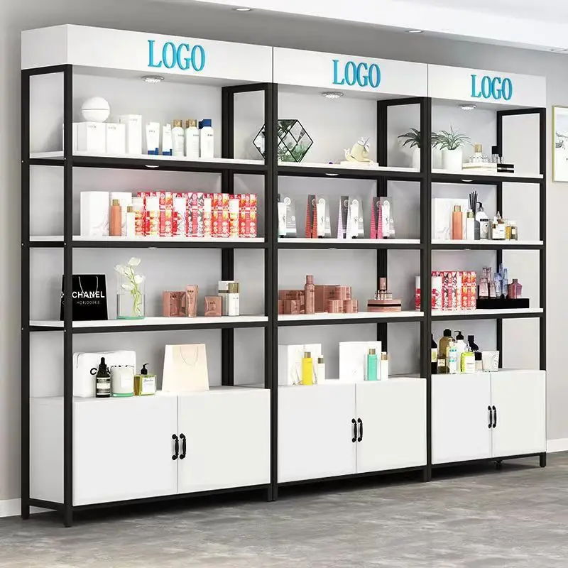 Prateleiras De Skincare De Piso De Madeira Personalizadas, suporte De Armazenamento De Madeira, Rack De Exposição De Metal Cosmético Para Lojas De Cosméticos, feito Direto De Fábrica