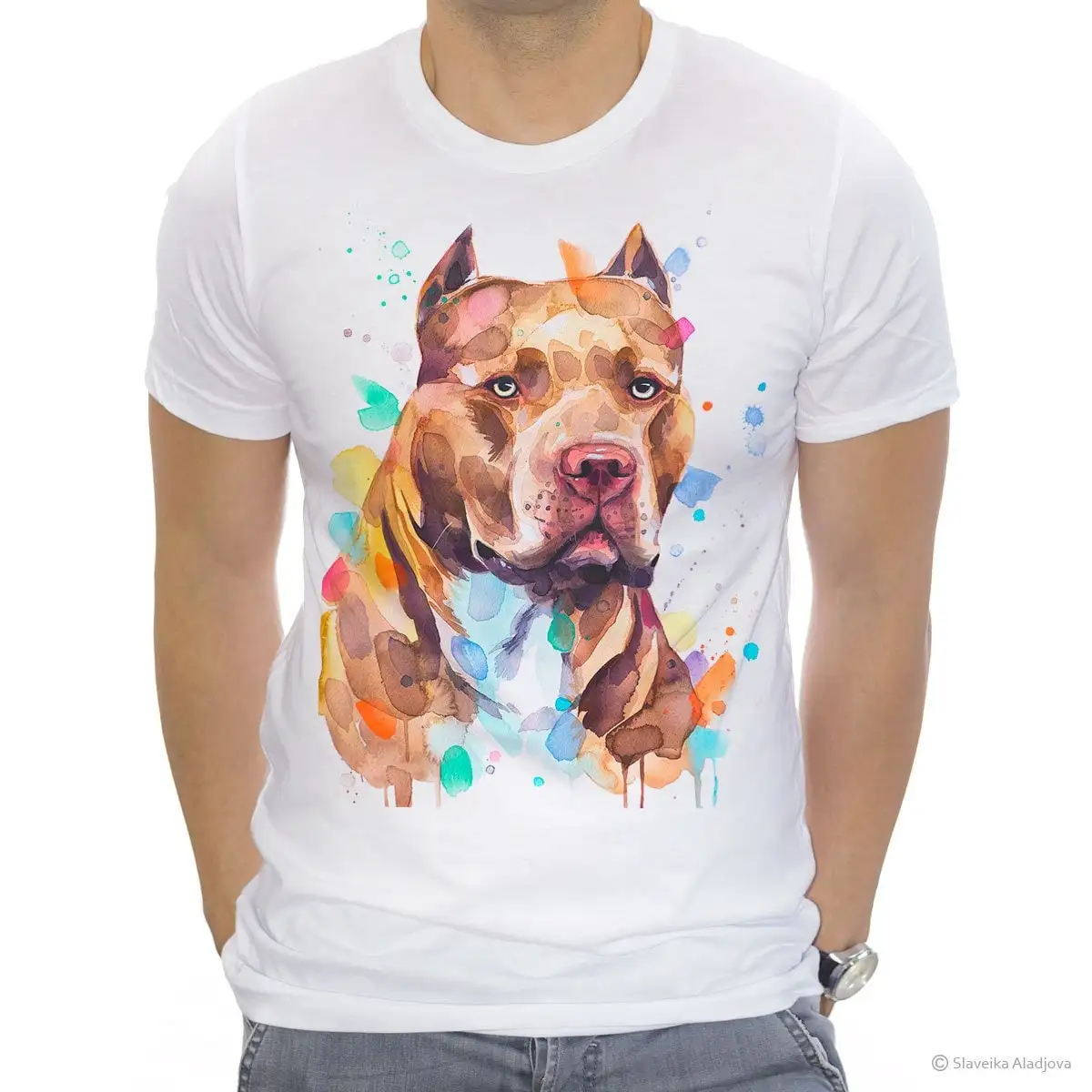 Pit bull Koszulka dla psa z pierścieniem, bawełna 100, akwarela, nadruk, zwierzę XS S M L XL XXL