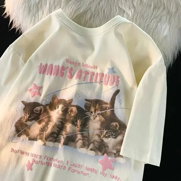 Pure cotton summer 2023 cute cat short sleeved t-shirt female Japanese retro sweet half sleeved student top ins y2k top t shirt - Image 2