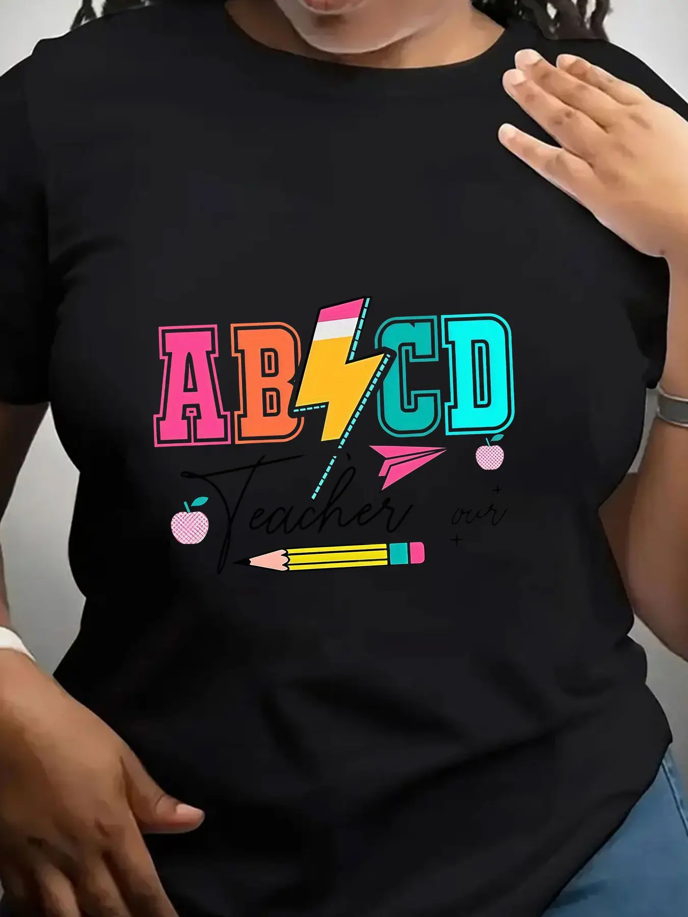 Women's Trendy Crew Neck T-Shirt Abcd Teacher over Pencil Design Suitable for Casual Sportswear