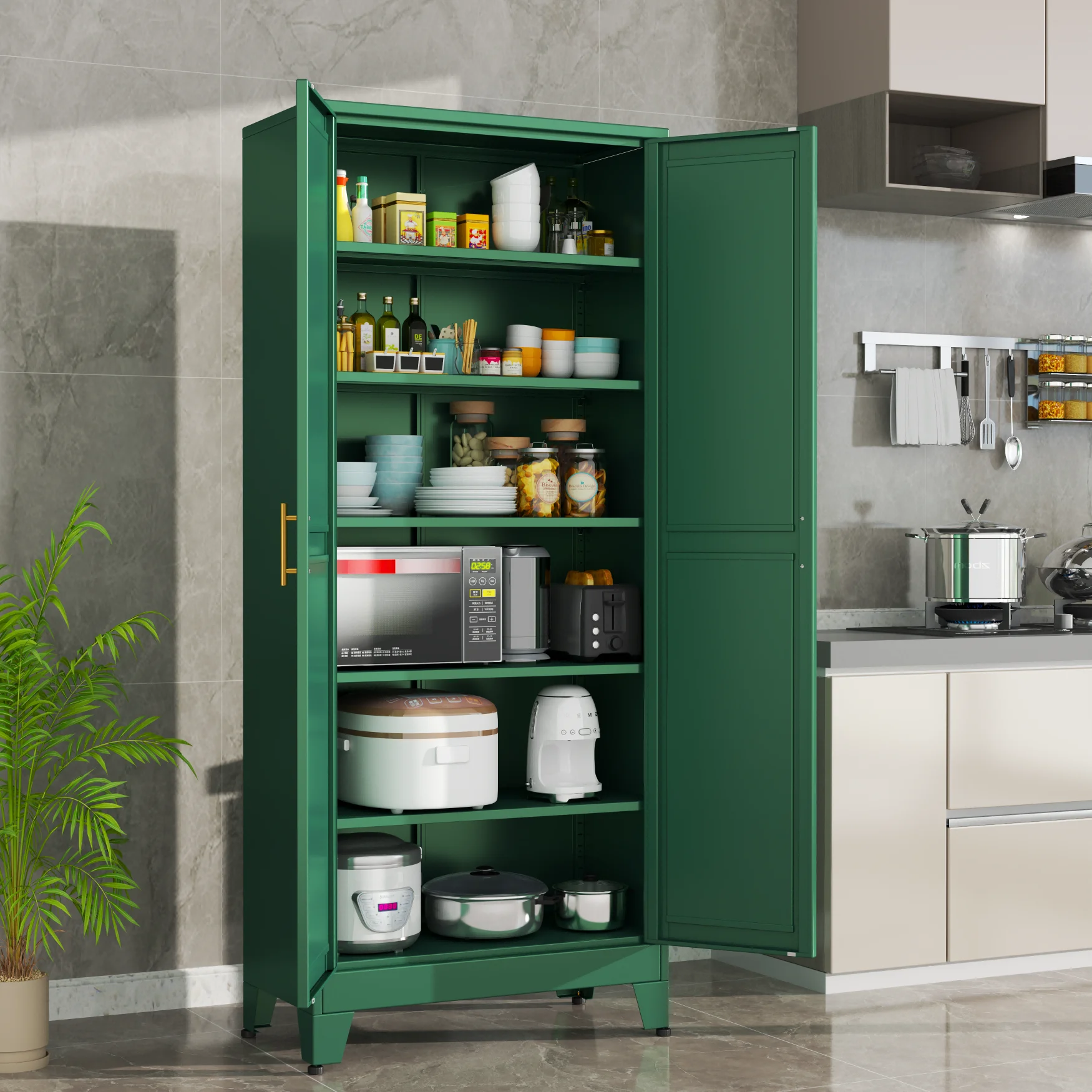 75.2-inch high metal cabinet, kitchen cabinet with 2 doors and 5 adjustable shelves. Can be used for dining rooms, living rooms,