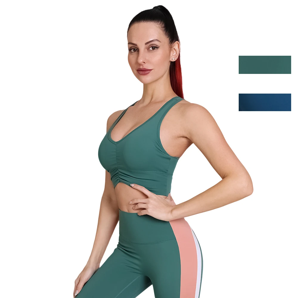 Women Sport Bra Heart Neck Pleated Gathering Shock Proof Sweat Wicking 75E39 GYM Fitness Yoga Vest