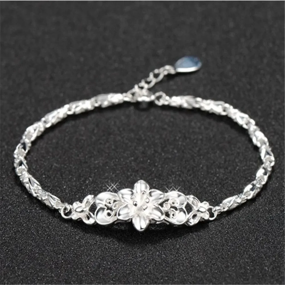 

New Beautiful Flowers Chain Charms 925 Sterling Silver Bracelet For Woman Fine Fashion Pretty Jewelry Wedding Party Lady Gifts