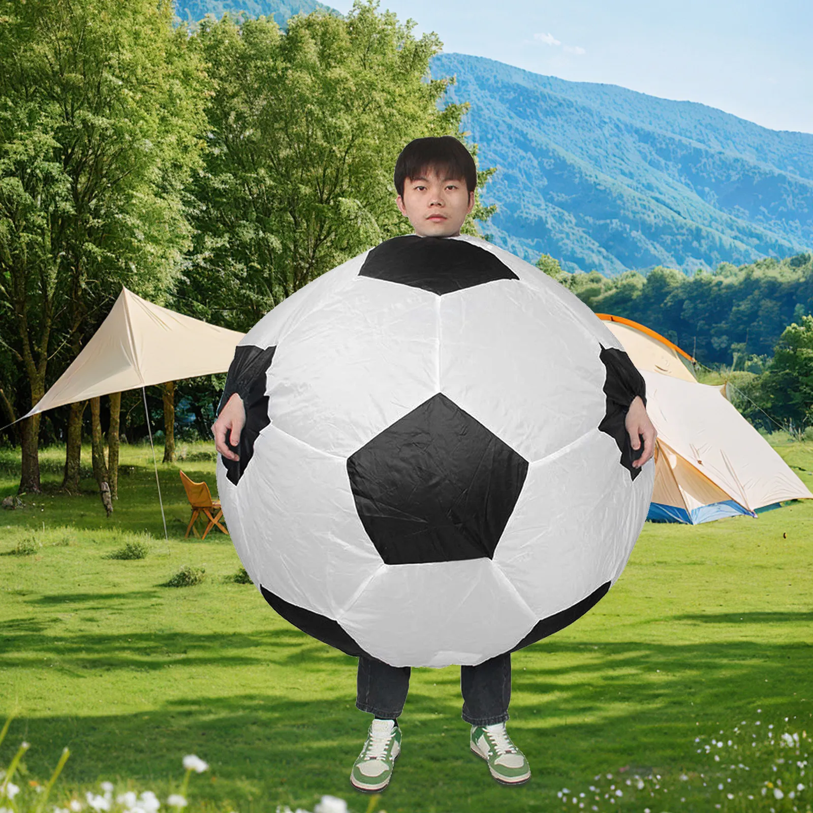 子供用インフレータブルサッカーコスチューム、膨らませるサッカーボールスーツ、チアリーディングスポーツチームコスプレ、面白い膨らませるコスチューム