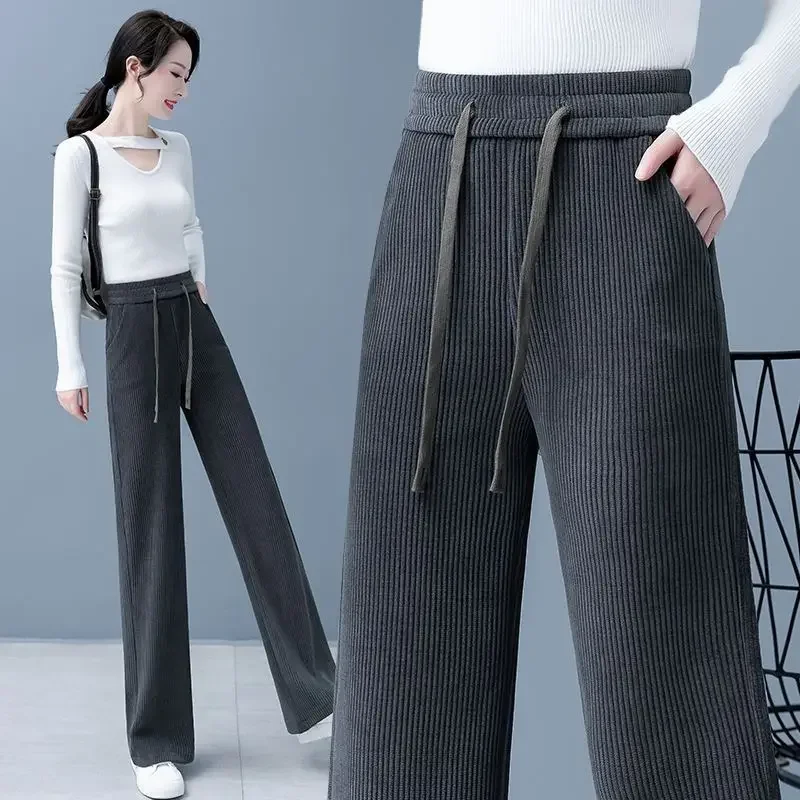 New Spring Autumn  Grey Knitted Wide Leg Women Casual Pants High Waist Straight Tube Floor Sweeping Pants