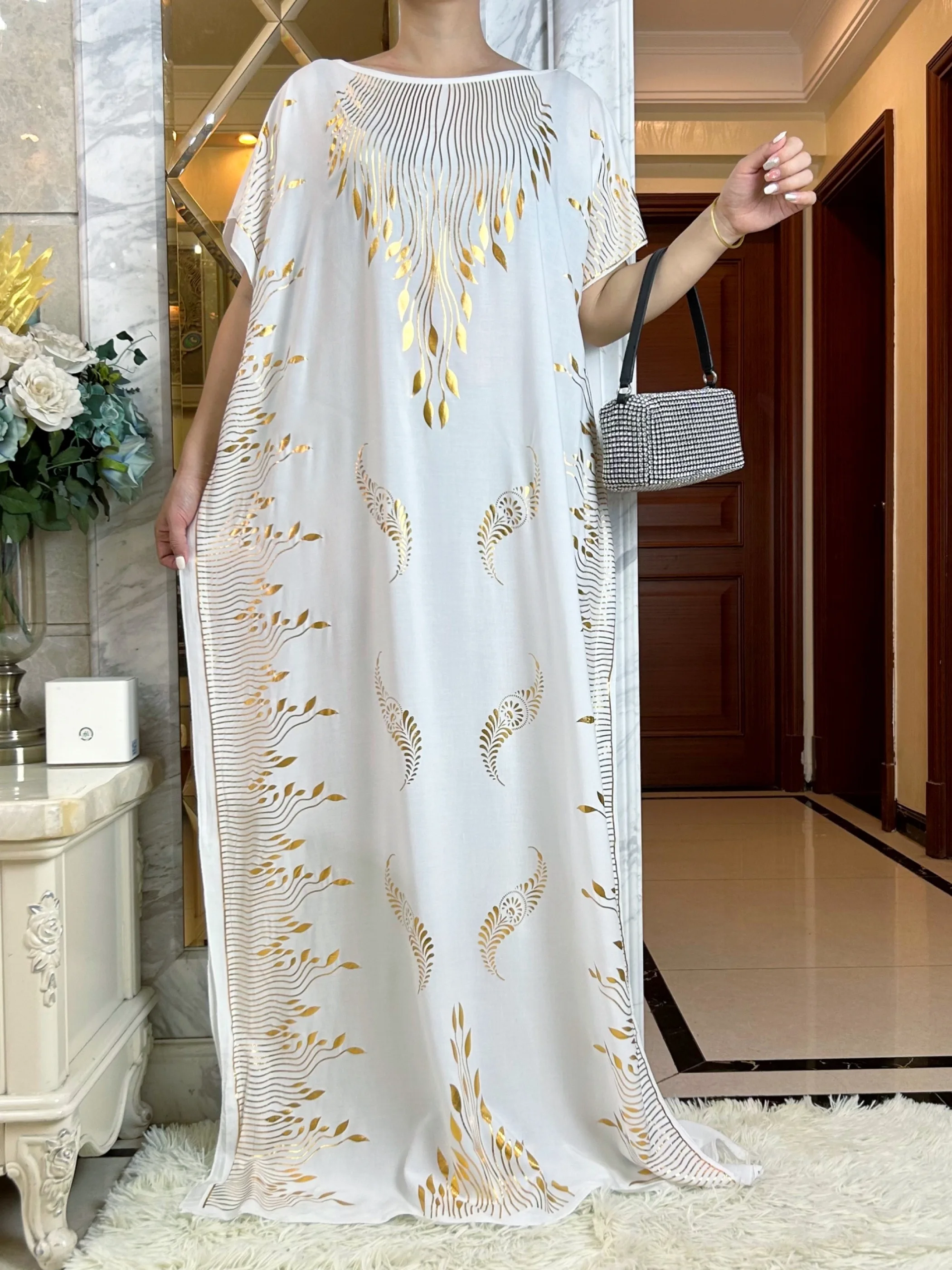 Vestido holgado de algodón para mujer, Túnica de manga corta con bufanda grande, estampado dorado, Abaya Africana islámica Maxi, novedad de verano, 2024