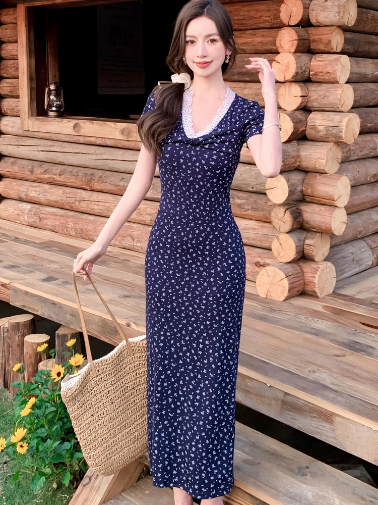 Robe longue en dentelle plissée, motif Floral, Chic, col en v, élégante, décontractée, vacances, été, coréenne, moulante, Festival, 2025