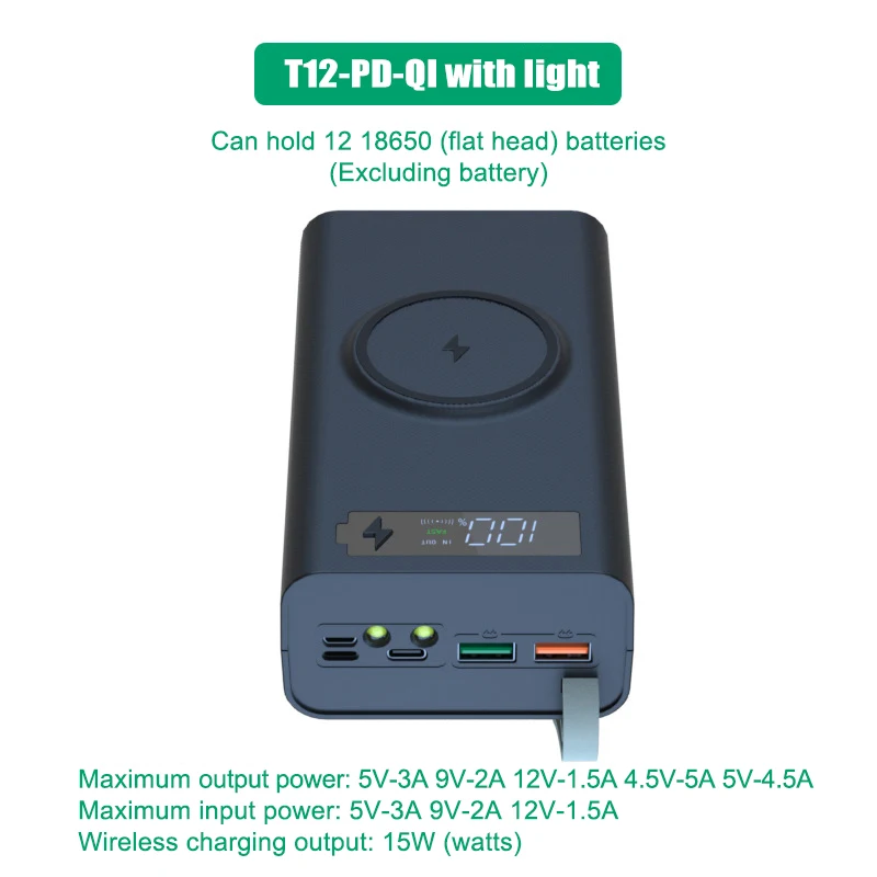 

T12 Quick Charge QC3.0 DIY 12 X 18650 Battery Power Bank Case Holder Portable Battery Storage Box With LCD Display