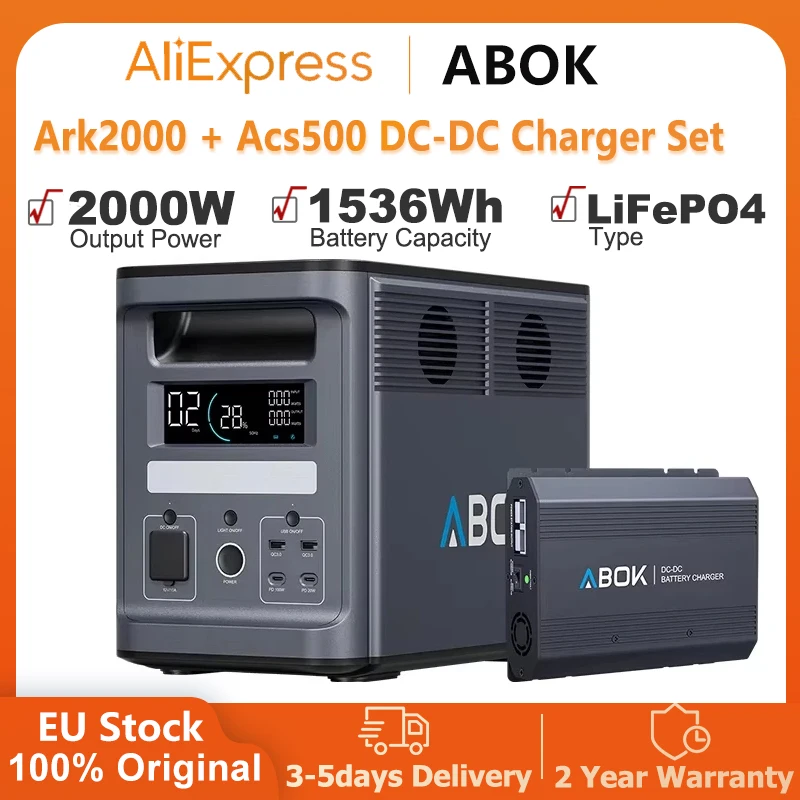 Estación de Energía ABOK ACS500, Conjunto de Cargador DC-DC, Generador Solar de CA de 1536 Wh y 2000 W para Respaldo Doméstico, Camping al Aire Libre y Energía Portátil, Estación de Energía ARK2000 con App