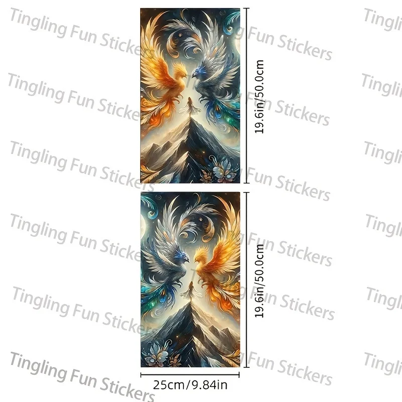 2 “Fire and Ice Phoenix” graphene decals, high-gloss peel-and-stick wall art, reusable stickers with cartoon and fantasy themes,