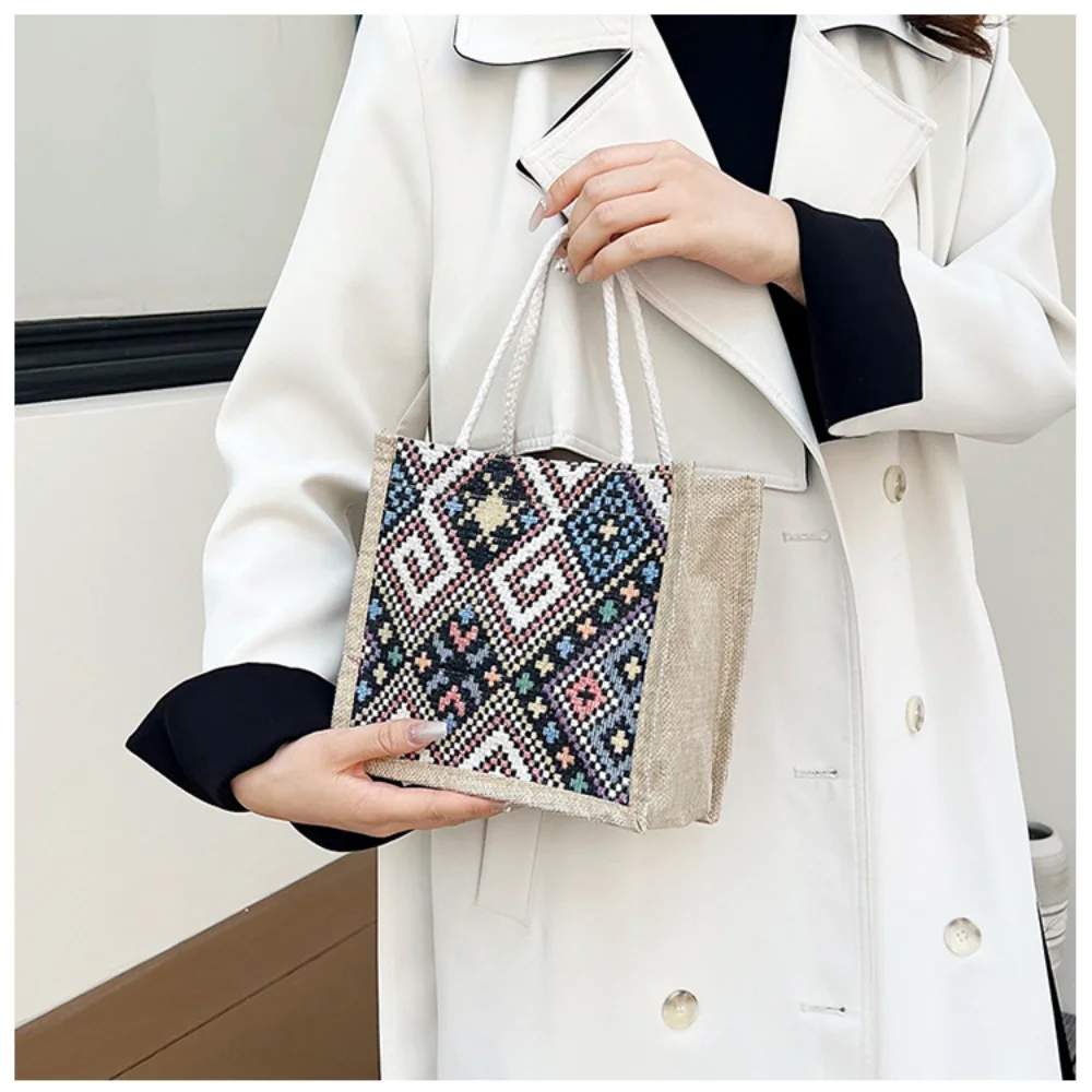 Women Linen Bag Ethnic Patterns Handbag Eco-Friendly Shopping Bags Female Commuter Bag Retro Casual Button Tote Bag Handle Pouch