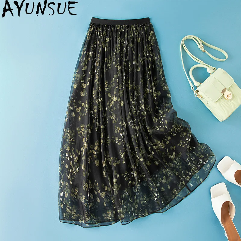 

AYUNSUE 100% Silk Women's Skirts Elegant Retro Skirts for Women Elastic Waist A-line Skirt Woman Clothes Summer Ropa Para Mujer